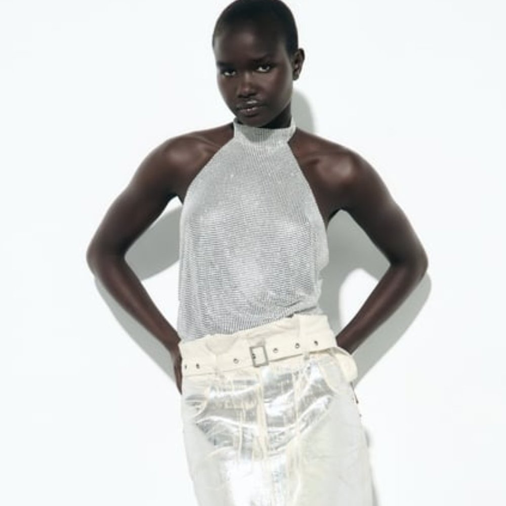 NWT ZARA SILVER RHINESTONE JEWEL METALLIC TOP
